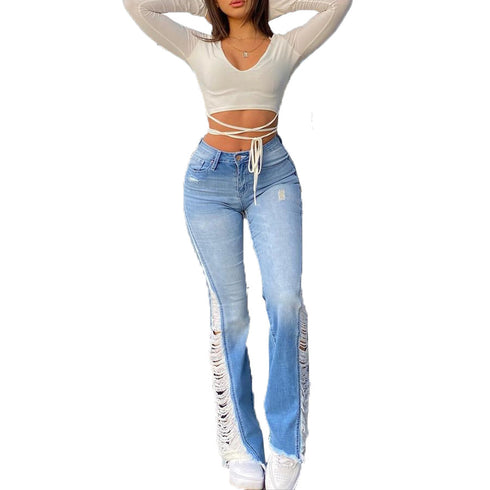 Fashion Ripped Casual Pants Bag Hip Contrast Frosted Bootcut Jeans - ROUTINE FASHION